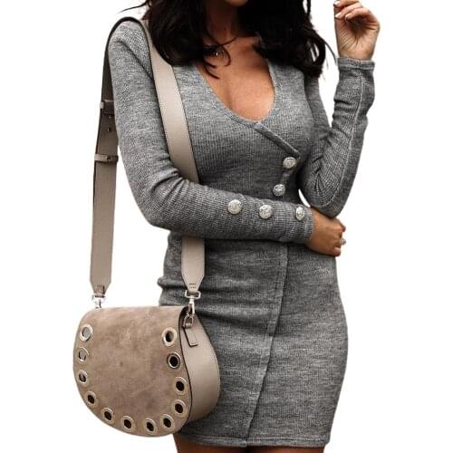 2020 Women Autumn Winter Solid Color Diagonal Buttons Cuff Mini Bodycon Knitted Dress Sexy Slim O Neck Elastic Pullovers Dresses