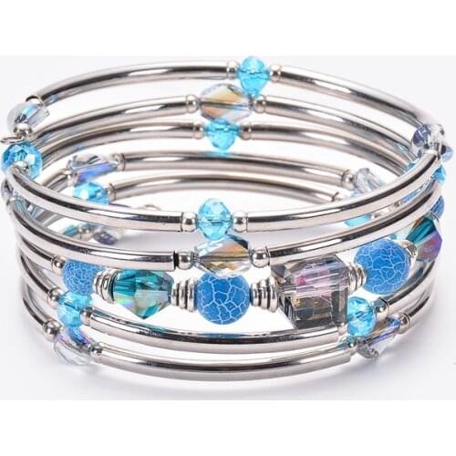 5 PCS/Lot Natural Blue Crystal Wrap Flexible Bracelet Multi-layer turn Charm Bead Stretch Bangle For Woman Unique Design Jewelry