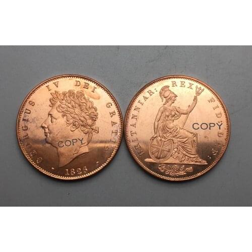 Great Britain 1826 GEORGIUS IV DEI GRATIA One Penny George IV British Britannia Seated Right Red Copper Copy Coin