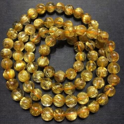 Top Natural Gold Rutilated Quartz Woman Men 3 Laps Bracelet 6.5mm Clear Titanium Round Beads Jewelry From Brazil AAAAAAA