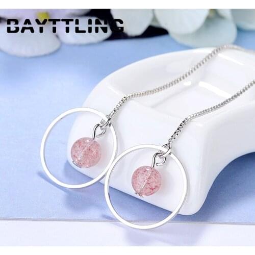 BAYTTLING 925 Sterling Silver Long Tassel Round Strawberry Crystal Pendant Earrings For Women Fashion Wedding Jewelry Gifts