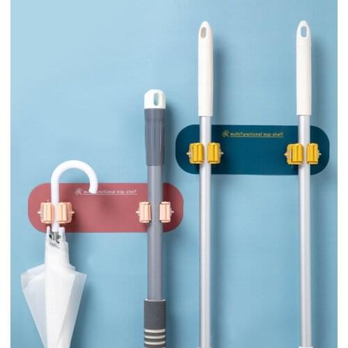 Dual Mop Umbrella Rack Shelf Brush Broom Holder Hook Hanger Self Adhesive Wall Mounted Toilet Hook Kitchen Bathroom Storage Rack