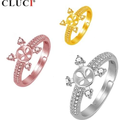 CLUCI Silver 925 Adjustable Pearl Ring Mounting for Women Wedding Engagement 925 Sterling Silver Zircon Gift Women Ring SR2120SB
