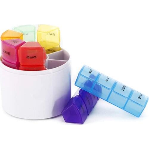 Medicine Pill Container 28 Grids Lattice Storage Case Colorful pill box One week pill box Round portable 28 grid rainbow pill