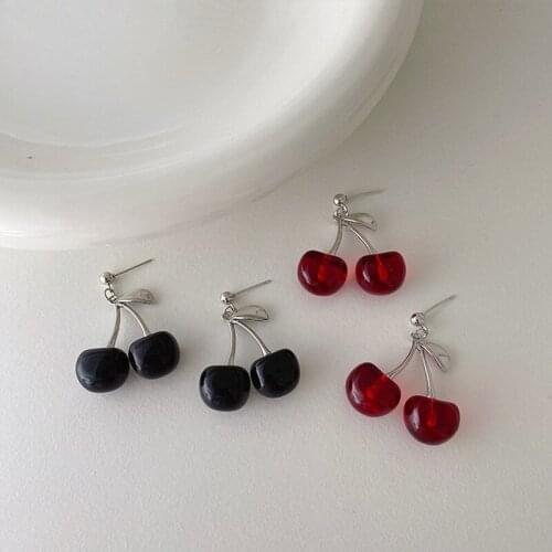Korean Japanese Clear Resin Cherry Earrings for Women Girl Alloy Arcylic Black Red Cherry Drop Earrings Holiday Jewelry Gifts