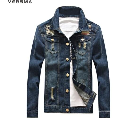 VERSMA Fashion Male Denim Jacket Men American Denim Shirt Boys Ripped Denim Jacket Patches Chemise Vintage Mens Fancy Shirts 4XL
