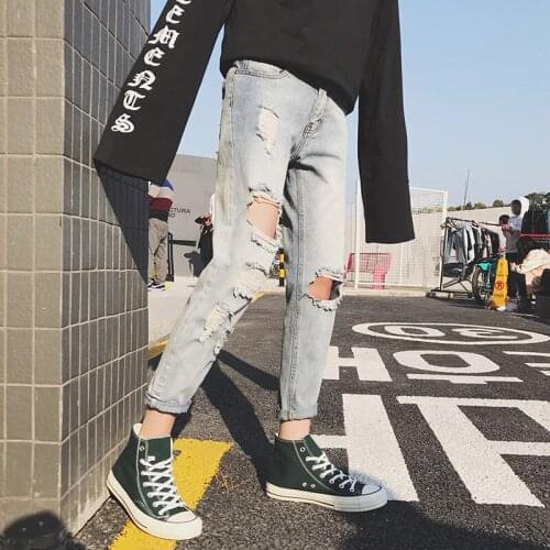 Male Fashion Designer Blue Denim Pants Skinny Jeans Men Ripped Hole Streetwear 2021 Mens Distressed Jeans Slim Fit