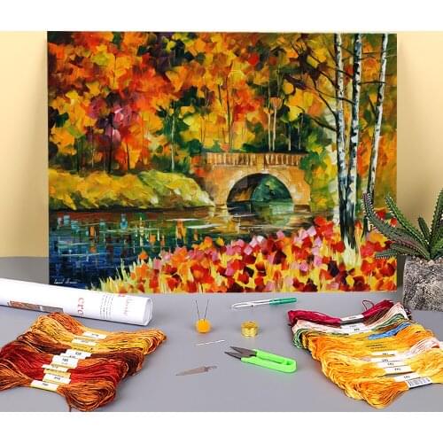 Fall Bridge Printed 11CT Cross-Stitch Kit Embroidery DMC Threads Sewing Needlework Handicraft Handmade Wholesale Package