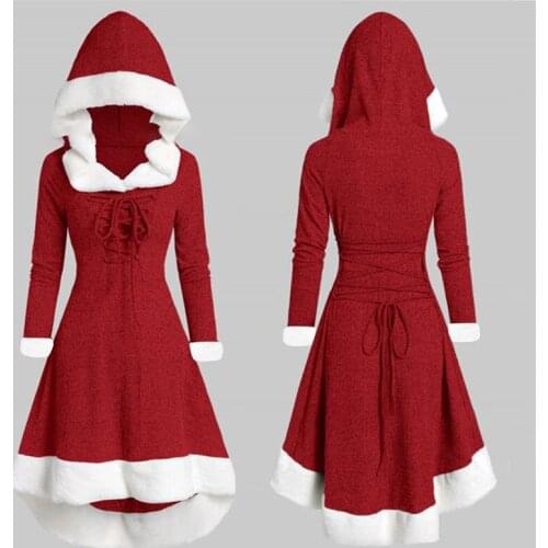 Newest Womens Christmas Hood Lace Up Midi Dress Pullover with Irregular Hem and Long Sleeves