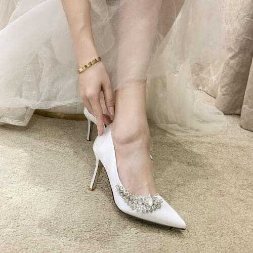 New bride wedding shoes women crystal shoes champagne bridesmaid wedding white high heels show Pumps Ladies Dress Party Shoe