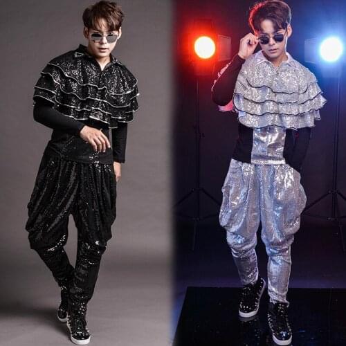 Nightclub 4-piece Set Bar Men Singer Shelf Drum Men Hip Hop Dance Modern Dance Show Serve Personality Paillette Cloak Harun Pant