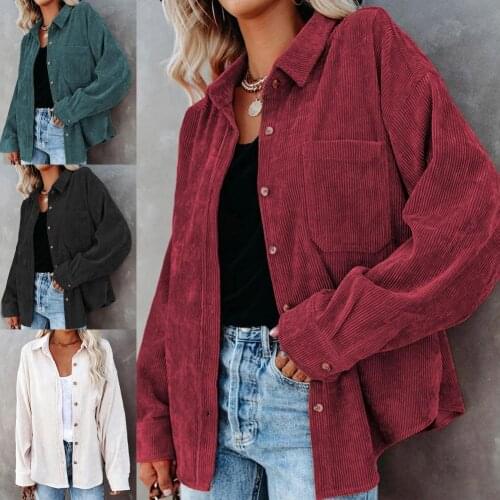 Long Sleeve Solid Color Shirt Coat Skin-friendly Pockets Turn-down Collar Corduroy Shirt Female Outwear