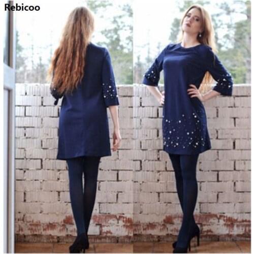Elegant Womens Dresses Pearl Beading Half Sleeve Tunic Dress Summer Blue O Neck Causal Loose Dress Ladies Party Vestidos