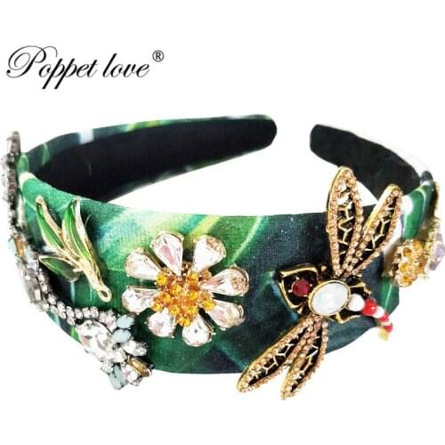 Vintage Gold Metal Crytal Flower Pearl Dragonfly Hair Bands Baroque Headband For Women Royal Hair Accessory
