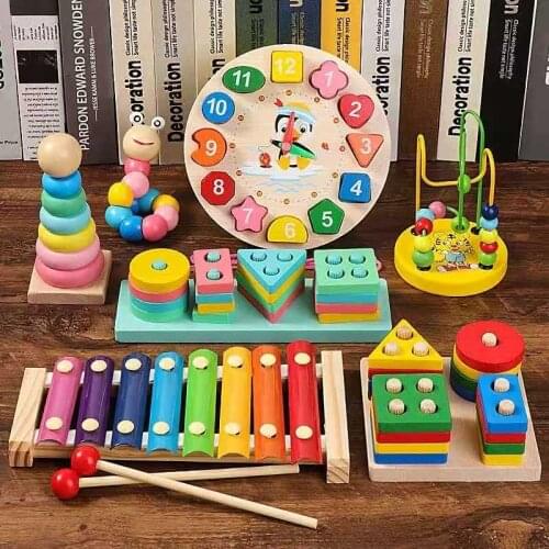 Kids Montessori Preschool Educational Toys Wooden Colorful Building Blocks Set Graphic Children Enlightenment Educational Toy