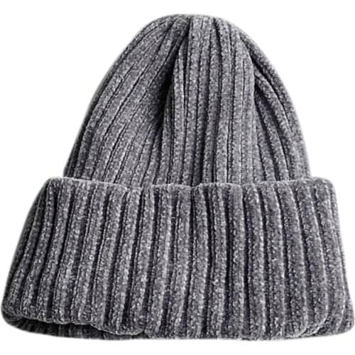 Women Winter Double Layer Thicken Chenille Velvet Beanie Hat Ribbed Knitted Simple Solid Color Warm Cuffed Skull Cap