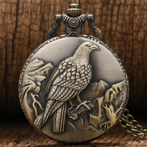 Antique Bronze Clock Awesome Standing Eagle Quarzt Pocket Watch With Necklace Chain Man Women Watches relogio de bolso antigo