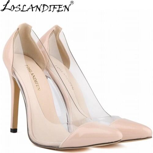 LOSLANDIFEN Patent Leather Shoes Woman High Heels Women Pumps Pointed Toe Thin Heel Fashion Party Wedding Size 35-42