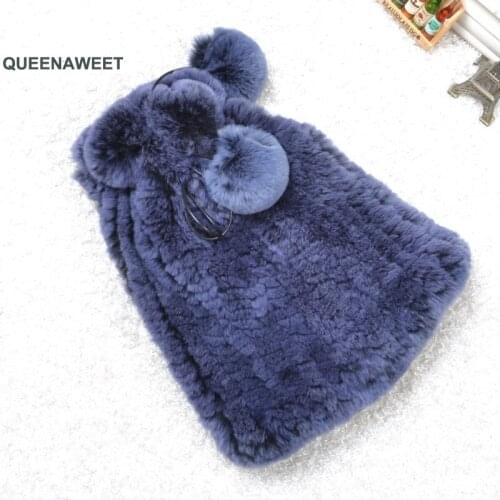 004 2019 New Womens Genuine Natural Rex Rabbit Fur Hats Winter Rex Rabbit Fur Beanies Striped Head Top Flower