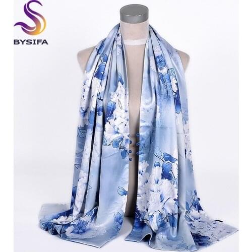 [BYSIFA] Luxury Silver Grey Silk Shawl Scarf Women Peony Brand Long Scarves Wraps Autumn Winter Ladies Neck Scarf Cape Fouldard