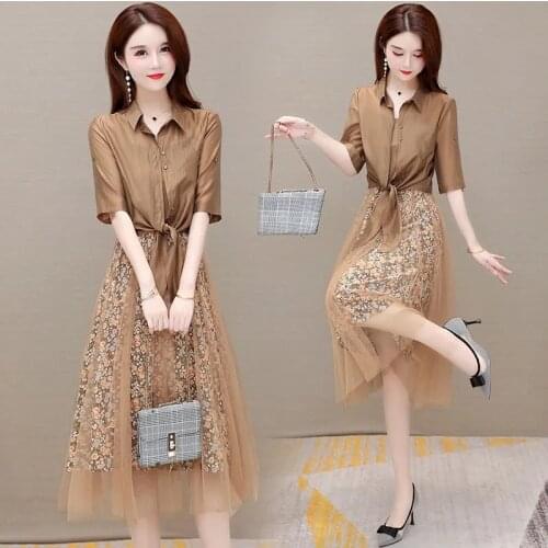 Fashion Print 2 Piece Dress Set Women 2021 Summer Casual Short Sun-Proof Shirt + Sleeveless Spliced Mesh Floral Dress Suits