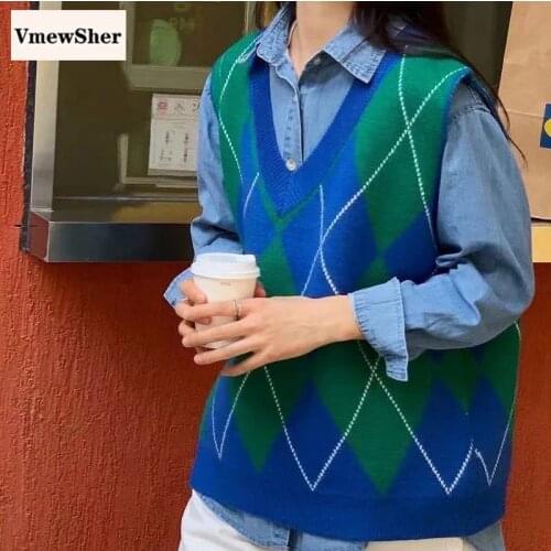 VmewSher New Spring Autumn Argyle Women Sweater Vest V Neck Ladies Color Block Sleeveless Knitted Pullover Stylish Jumper Tops