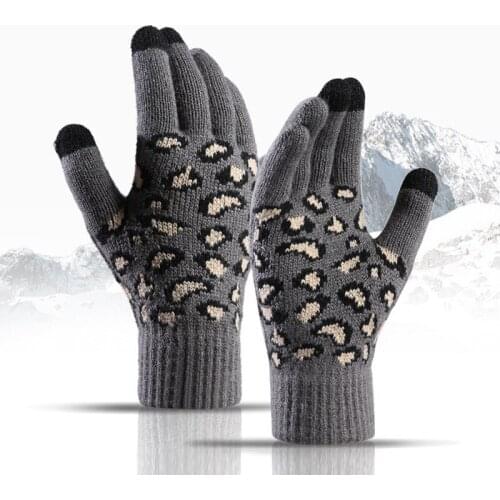 Winter Women Warm Leopard Full Finger Plus Plush Thick Touch Screen Driving Mitten Jacquard Stretch Knit Sport Cycling Glove I95