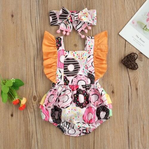 2 Pcs Baby Girl Doughnut Print Outfits, Tie-Up Ruffled Square Collar Fly Sleeve Bodysuits+ Bowknot Headband with Pompoms Summer