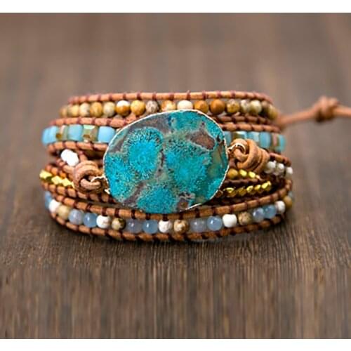 2021 Women Leather Bracelet Unique Mixed Natural Stones Gilded Stone Charm 5 Strands Wrap Bracelets Handmade Boho Bracelet
