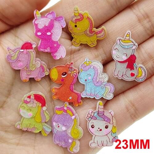 50pcs 9 Styles Mix 23MM Small Glitter Cartoon Unicorn Horse Flatback Planar Resin Cabochon DIY Crafts for Hair Bow Centers