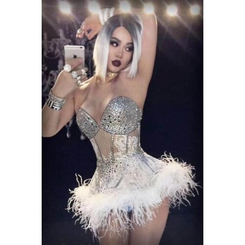 White Feather Short Dress Birthday Celebrate Party Outfit Singer Dance Costume sparkly Dancer Stage Show Clothes