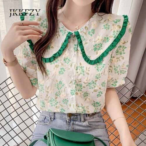 2021 Summer New Small Fresh Sweet Embroidery Floral Blouses Doll Collar Short Sleeve Chiffon Shirt Woman Elegant tTops