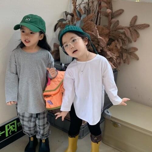 Childrens T-shirt 2021 Autumn New Boys and Girls Solid Color Simple All-match Top Childrens Two Side Split Korean Top