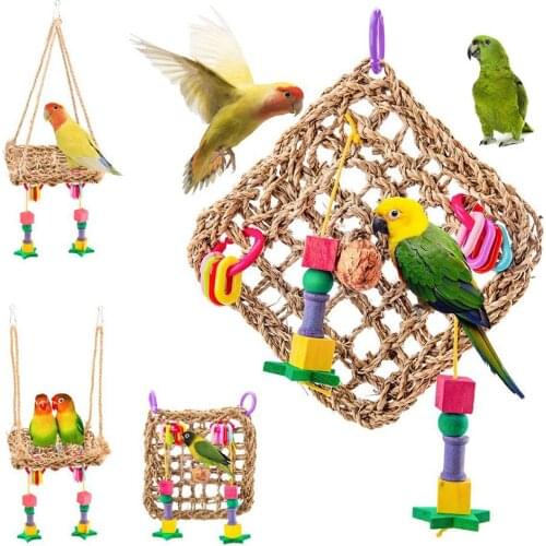 Parrot Toys Straw Hanging Hammock Bird Perch Swing Cage Mesh Mat Pet Foraging Chewing Toy Bird Toys Set Pet Products