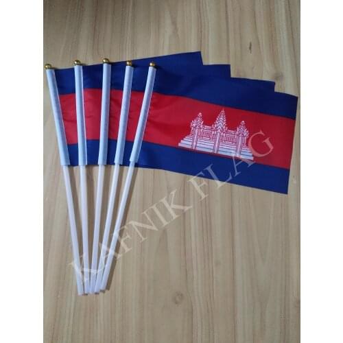 KAFNIK,5pcs 14*21cm Cambodia hand Flag National hand Flag with Pole for advertisement decoration, free shipping