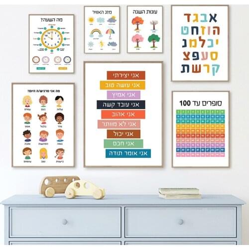 Hebrew Letters Alphabet Jewish Number Day Time Wall Art Canvas Painting Nordic Posters And Prints Wall Pictures Kids Room Decor