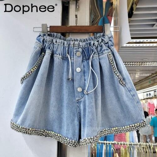 Summer Jean Shorts 2021 New Loose Diamond Women High Waisted Denim Shorts Loose Slimming All-Matching Wide Leg Shorts Hot Pants