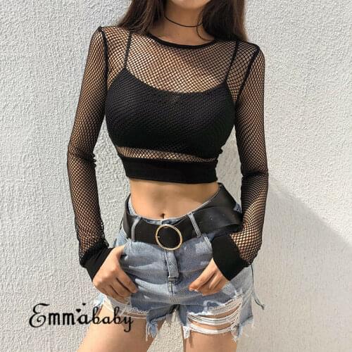 Summer Women Sexy Mesh Sheer Solid Crop Top Girls Fashion Long Sleeve Transparent Short T-Shirt Tee Tops High Street T-shirt