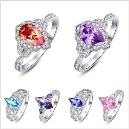 Lingmei Cocktail New Fashion Wholesale Marquise Rainbow Pink Purple Zircon Silver ColorRing Size 6-9 Wedding Rings Valentine