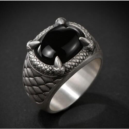 New Real S925 pure silver jewelry hip-hop personality single dragon claw man ring retro domineering simple black agate ring