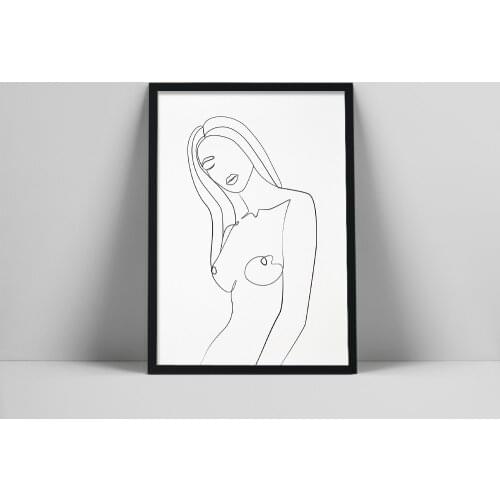 Nude woman one line art, Naked figure print, Female body sketch, Printable wall art, Woman face, Continuous line drawing print
