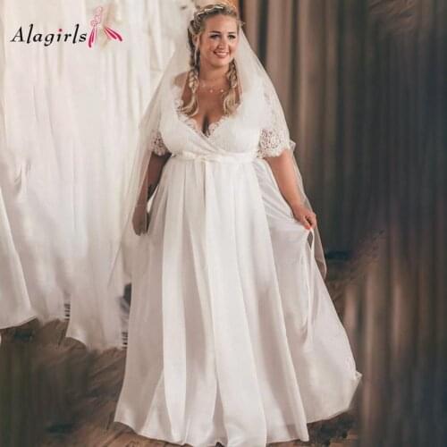 Simple Plus Size Bride Dress V Neck Half Sleeves Weding Dress Elegant Lace Bridal Dress vestido de noiva simples 2020