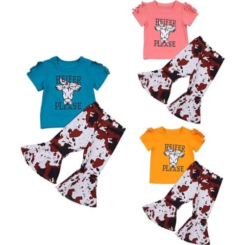 FOCUSNORM 0-5Y Summer Lovely Kids Girls Clothes Sets 2pcs Cartoon Short Sleeve T Shirts Tops Printed Flare Pants