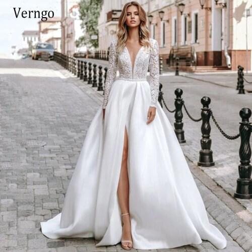 Verngo 2021 Vintage Lace And Silk Satin A Line Wedding Dress Long Sleeve Front Slit Custom Made Bridal Gowns Vestido de noiva