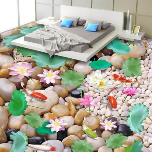 Chinese Style Pebble Lotus Carp 3D Landscape Flooring Tiles Mural Wallpaper Bathroom Bedroom PVC Waterproof Vinyl Floor Stickers