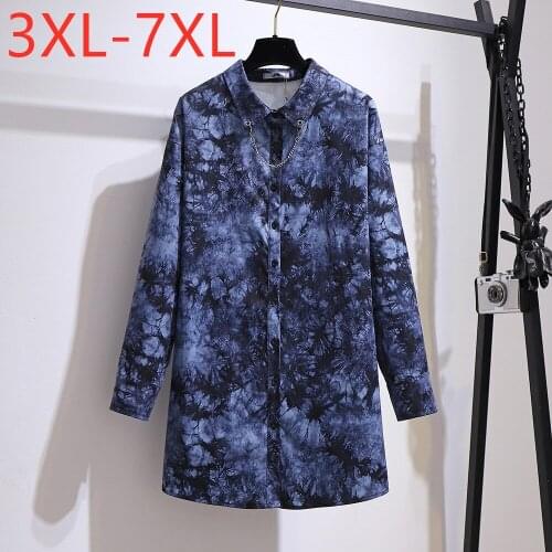 New Ladies Autumn Winter Plus Size Tops For Women Large Blouse Long Sleeve Loose Print Blue Button Shirt 3XL 4XL 5XL 6XL 7XL
