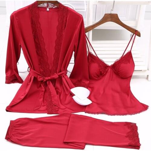 Women Pijamas Satin Silky Pajama Set Sexy Lace Robe 3pcs Suit with Chest Pad Lingerie Long Pants Sleepwear Female Lounge Wear