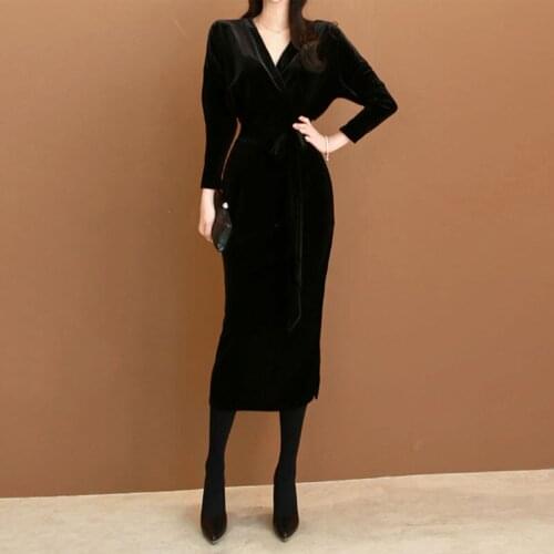 Woman Dresses Autumn Winter Dress Black Pleuche Long Long Dress Womens Evening Dress Vestido De Mujer Femme Robe