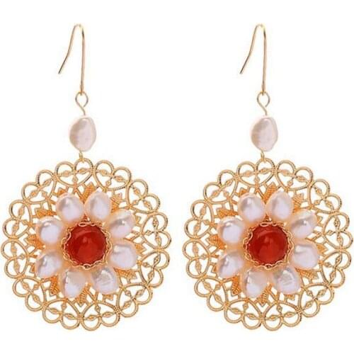 New Retro Openwork Circle Earrings Pearl Earrings Freshwater Pearl Dangle Earrings For Women Party Jewelry Vintage Hook Earrings