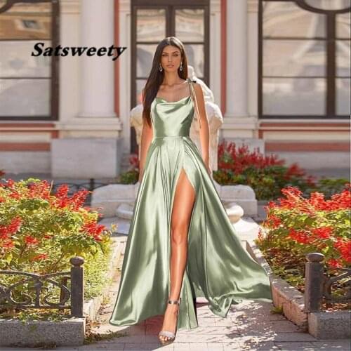 Vestidos 2021 Sexy Mint Long Silk Prom Dresses High Slit Straps Sleeveless Satin Formal Women Party Gown Backless